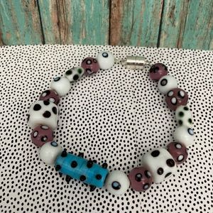 Greek Evil Eye Milk Glass Bead Bracelet w Silver Magnet Closure